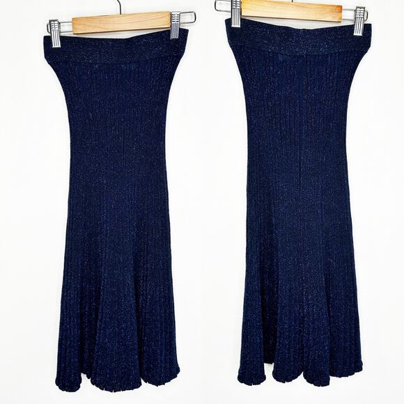 & Other Stories Glittery Pleated Rib Knit Midnight Navy Blue Sheer Midi Skirt XS - Picture 2 of 13